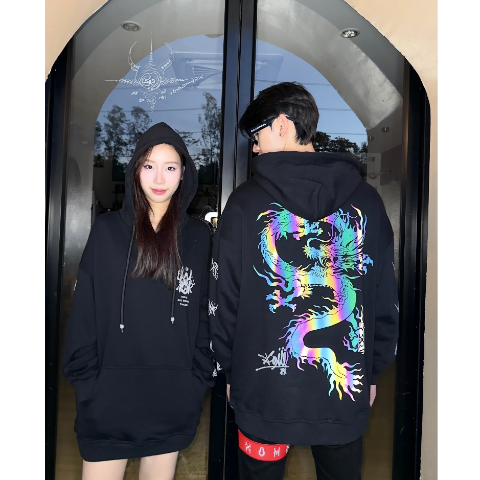 XOM509 เสื้อฮู้ดดี้ เสื้อฮู้ดแขนยาว ลายมังกรสะท้อนแสง ร้านโอม