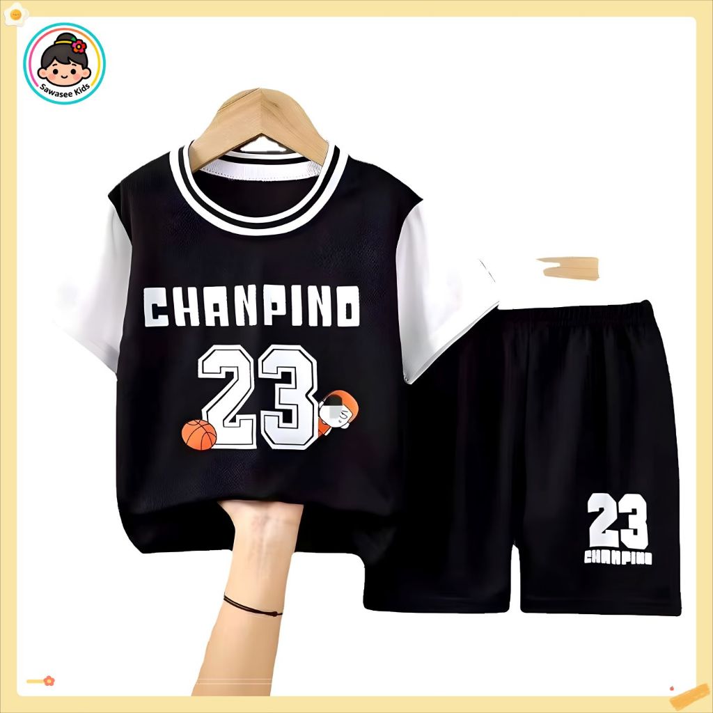 ชุดบอลเด็ก ชุดเซ็ตเสื้อ+กางเกง ชุดขาสั้นลายตัวอักษรอังกฤษแฟชั่น ใส่ได้ทั้งผู้ชายและผู้หญิง DA-A