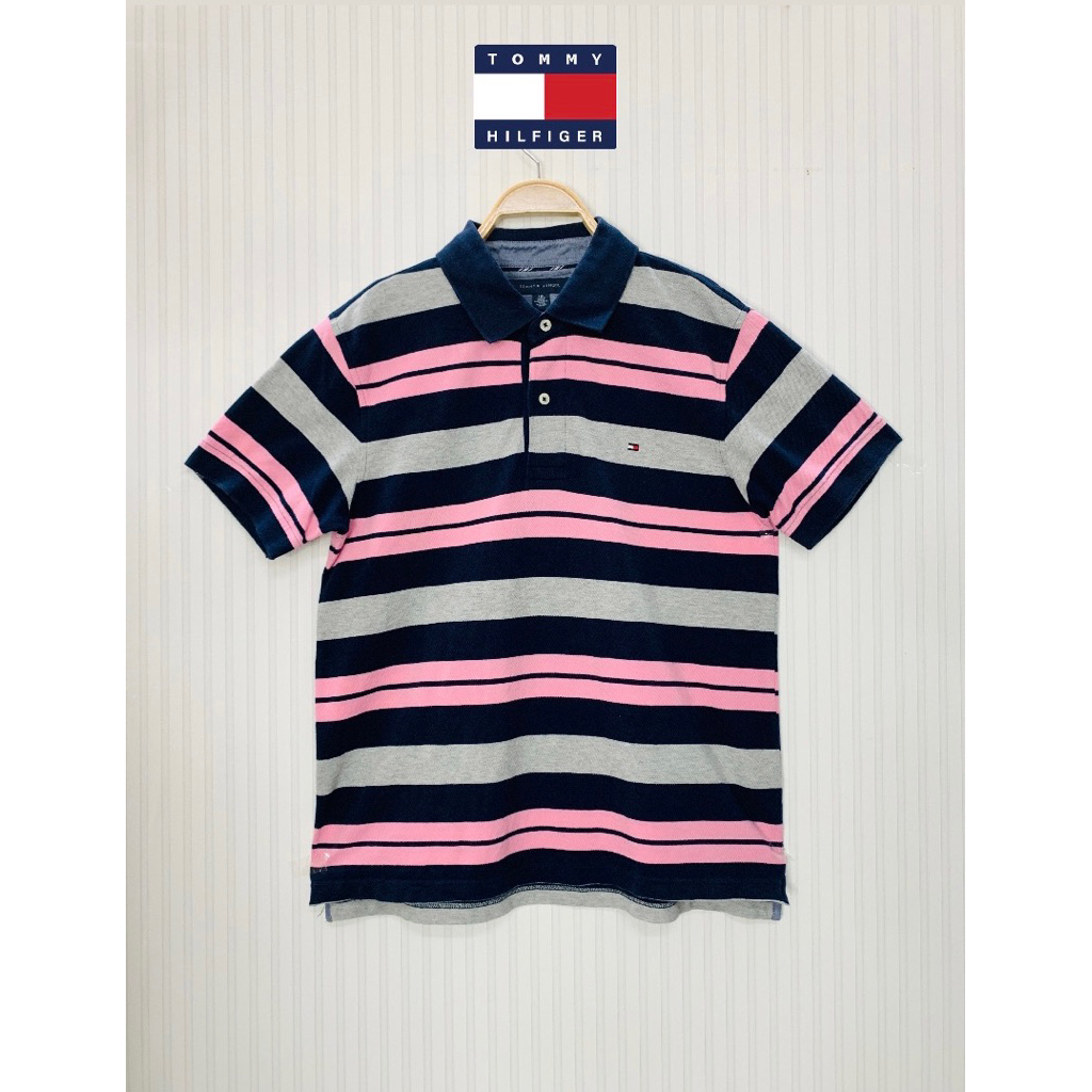 เสื้อโปโลลายริ้วสีกรม Tommy Hilfiger แท้💯 (มือสอง-สภาพดี)