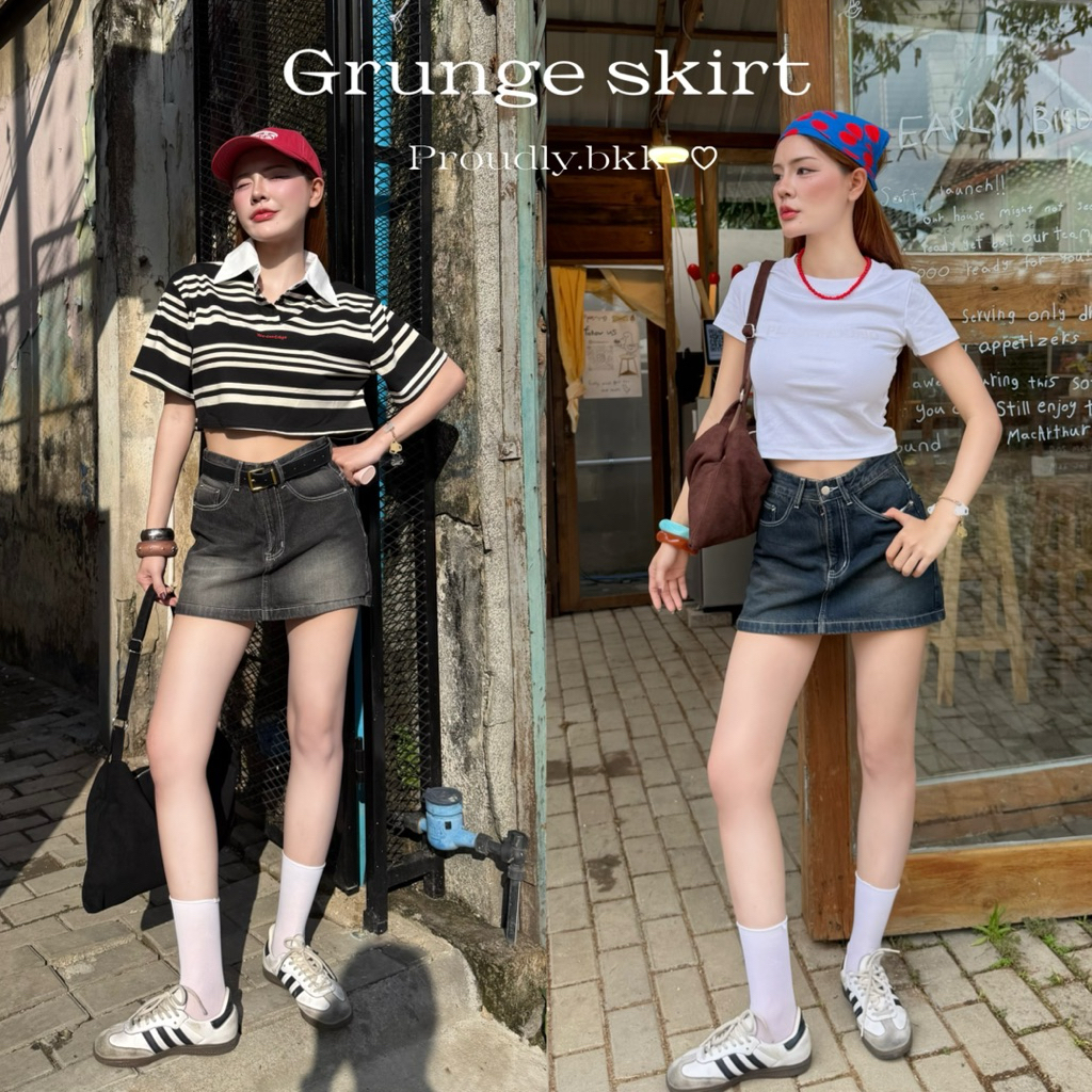 Proudly - Grunge skirt jeans กระโปรงยีนส์ เอวสูงกลางๆ มีซับใน