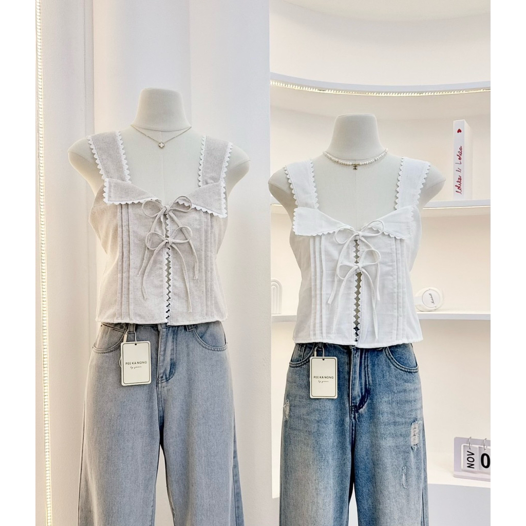 เสื้อครอปผูกโบว์หน้าแต่งคอปกระบายppp(พร้อมส่ง)