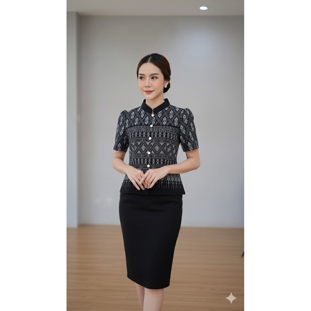 เสื้อผ้าไทย ผ้าฝ้ายอัดกาว ลายตะขอ คอจีน แขนสั้น ทรงสวย ดูดี ไม่เชย