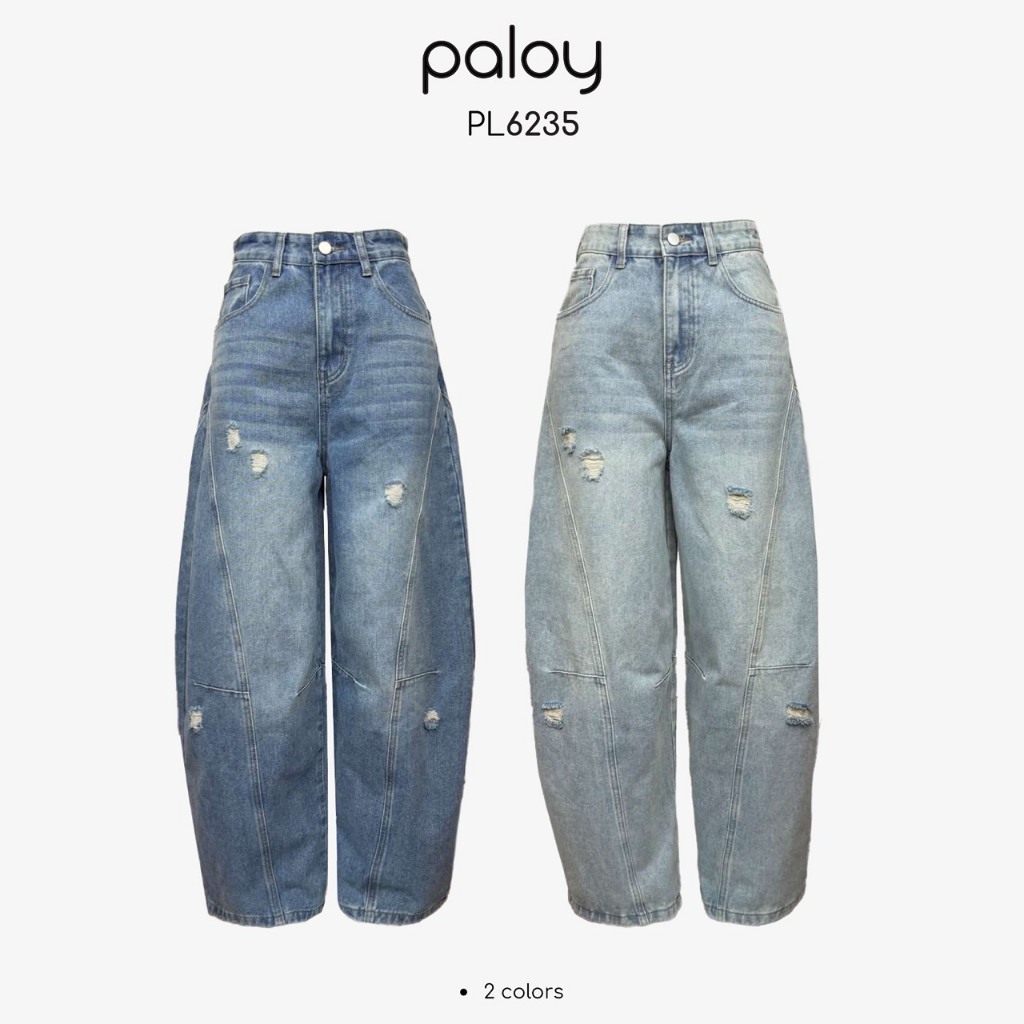Paloy - PL6235 กางเกงยีนส์ขายาว ทรงบาร์เรล แต่งสกิดขาด (Barrel Jeans)