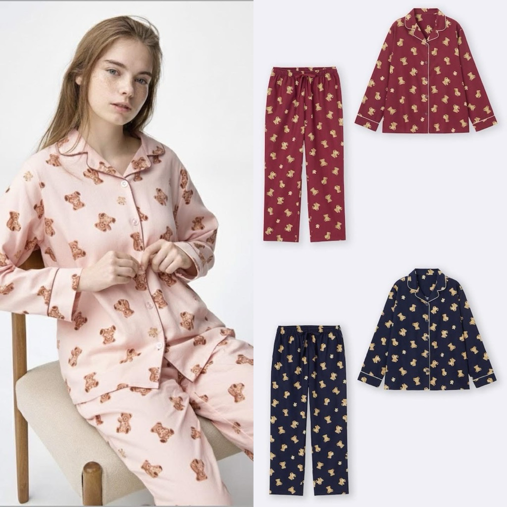 เซ็ทชุดนอนเสื้อแขนยาว+กางเกงขายาว Gu Bear Pattern Long Sleeve and Long Pants Pajama Set เข้าใหม่ มี 3 สี