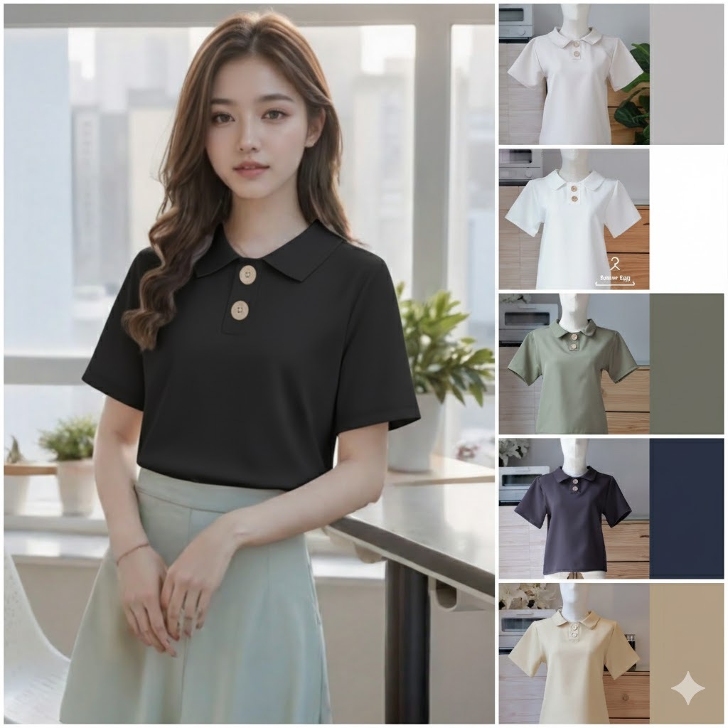 F04 เสื้อทํางานผู้หญิง แขนสั้น คอปก ทรงคอบัวนิดๆ เสื้อยืด แฟชั่น แต่งกระดุมไม้ มินิมอล Easter Egg