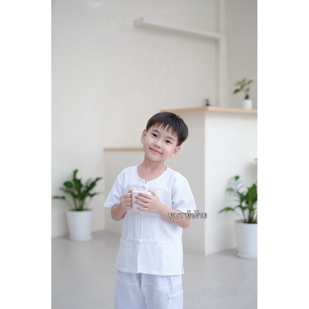 ชุดพื้นเมืองเด็ก ชุดพื้นเมืองคอกลมสีขาว ชุดทำบุญ (เสื้อ+กางเกง) - รูปที่ 6