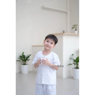 ชุดพื้นเมืองเด็ก ชุดพื้นเมืองคอกลมสีขาว ชุดทำบุญ (เสื้อ+กางเกง)