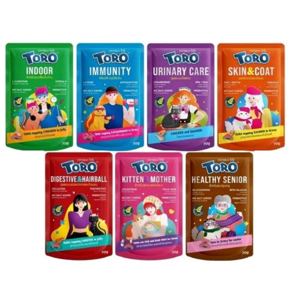 12ซองToro Pouch อาหารเปียกพรีเมียม สูตรบำรุงสุขภาพ สำหรับลูกแมว แมวโต และแมวสูงอายุ ทำจากปลาทูน่าเนื้้อขาว ขนาด 70g.