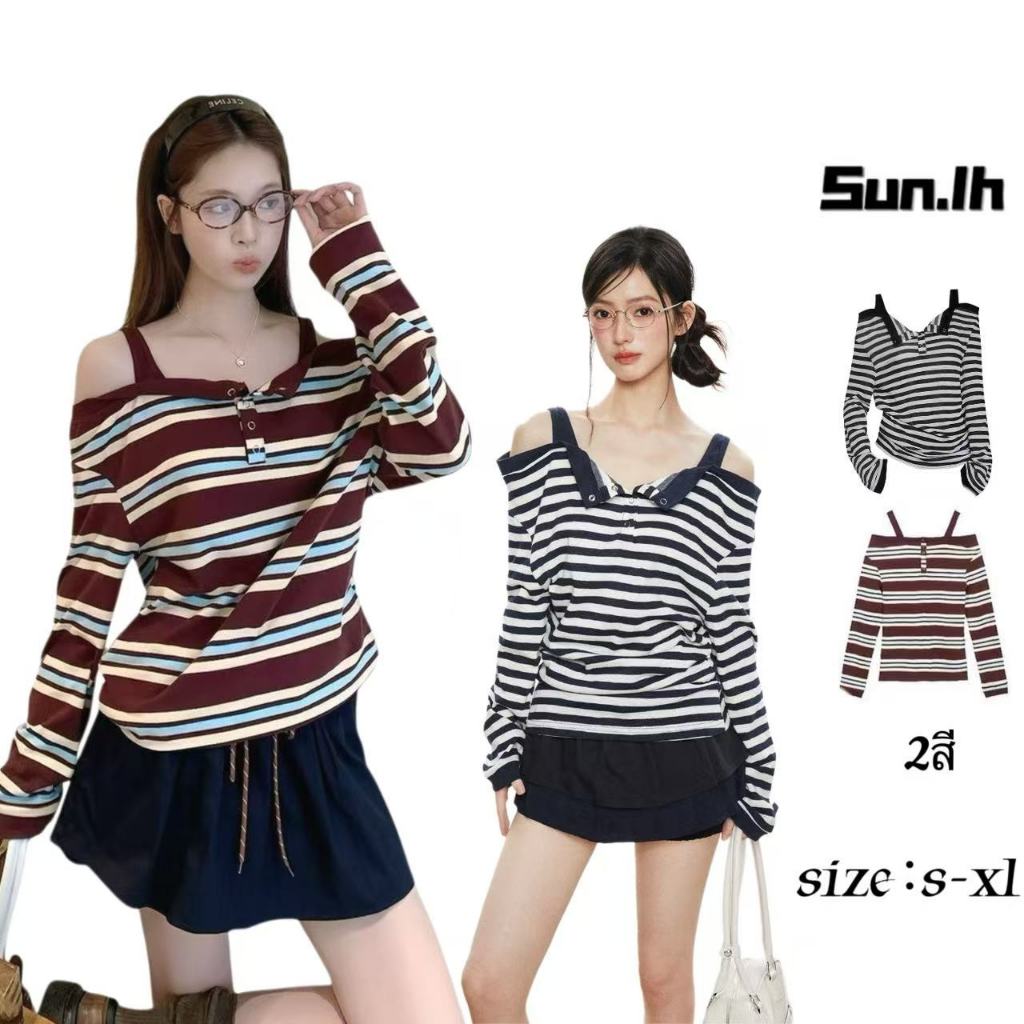 SUN🛍️พร้อมส่ง🛍️คริสต์มาส.เสื้อยืดผู้หญิงลายทางสายเอี๊ยมสไตล์ย้อนยุคอเมริกัน หลวมและใช้งานได้หลากหลาย ฤดูใบไม้ร่วง