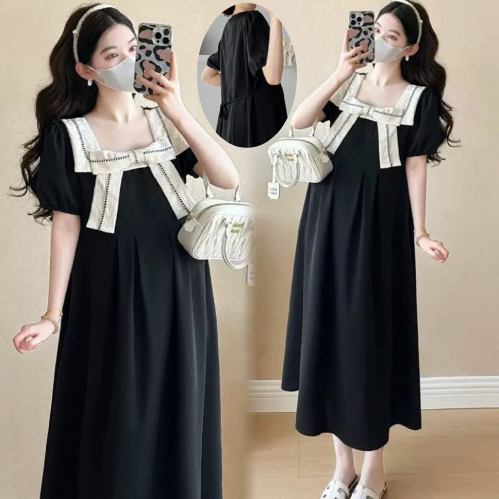 ชุดคลุมท้องสีดำแต่งโบว์ มีสายผูกหลัง ใส่ทำงานได้ พร้อมส่งจากไทย