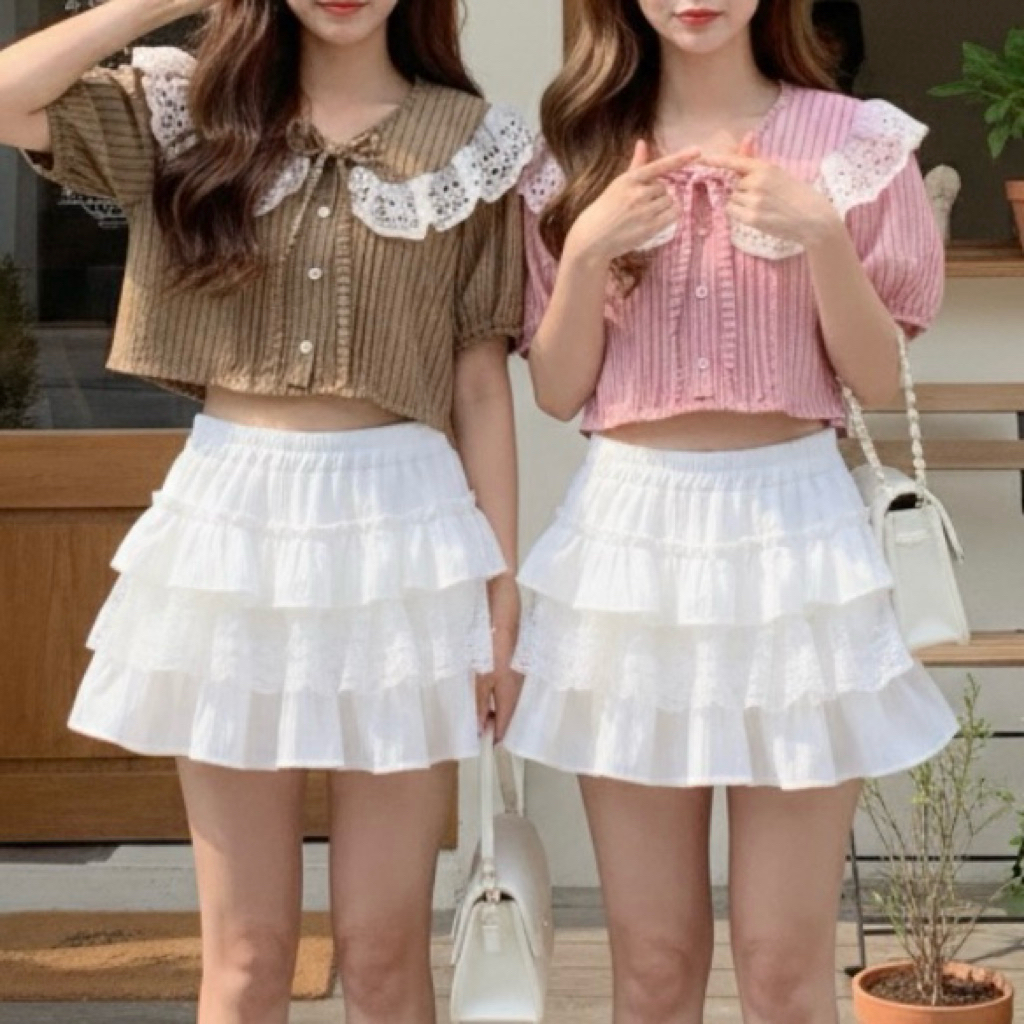 🌸OVP🌸 เสื้อคอบัวแต่งลูกไม้ใหญ่ ผ้าลายริ้ว สีพาสเทล กระดุมใช้งานได้