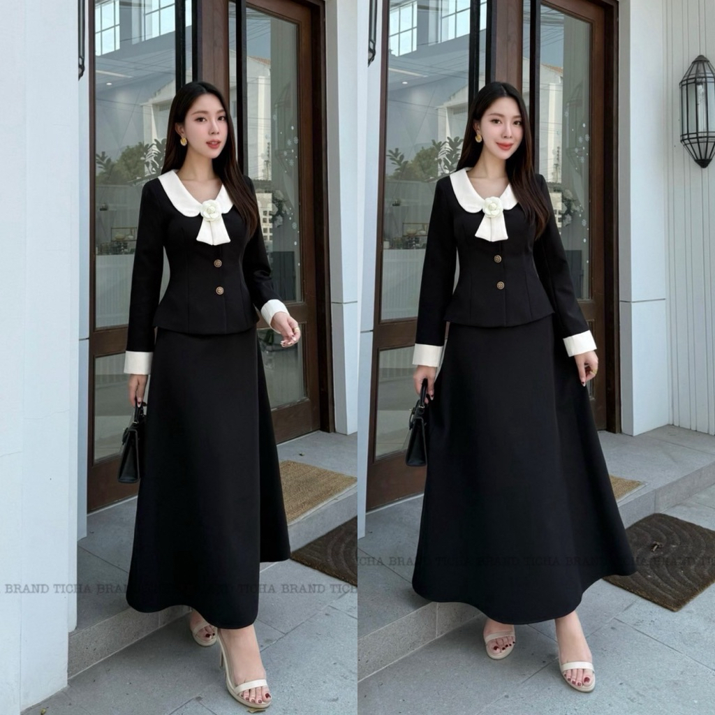 Ticha•ชุดเซต2ชิ้น สีดำเสื้อแขนยาวคอปกครีมและปลายแขนครีม แต่งเข็มกลัดริบบิ้นโบว์ดอกไม้ที่คอ มาพร้อมกับกระโปรงยาว