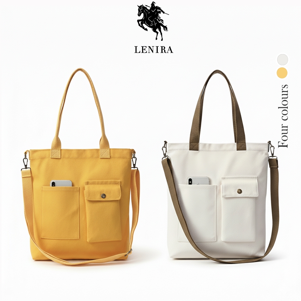 ส่งด่วน Lenira (B899) กระเป๋าผ้าสะพายข้างถือได้มีช่องด้านหน้าสีพื้น