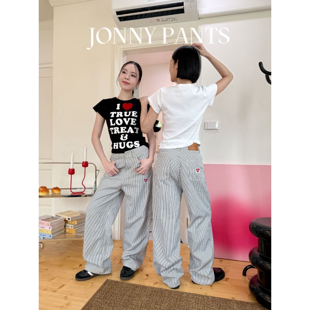 Jonny pants กางเกงขายาวทรงกระบอกลายริ้วตรง งานปักลายหัวใจ ❤️ (พร้อมส่ง)