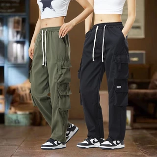 พร้อมส่งจากกทม กางเกงสีดํา cargo pants กางเกงคาร์โก้ผู้หญิงแฟชั่นอเนกประสงค์ย้อนยุคอเมริกัน 2025 รูปแบบใหม่ การออกแบบกระ