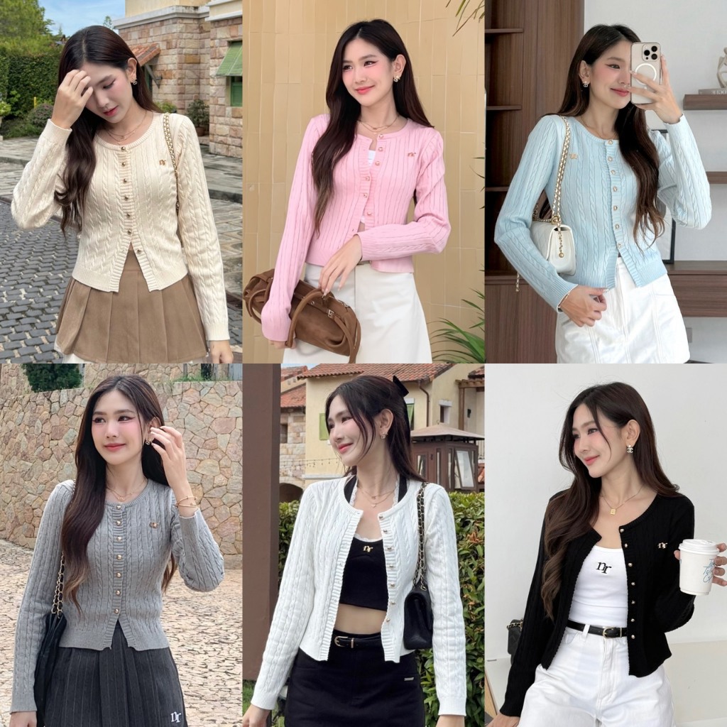 NICHARIS - เสื้อไหมพรมคอกลมถักลายแขนยาว รุ่น Jasmine Cardigan
