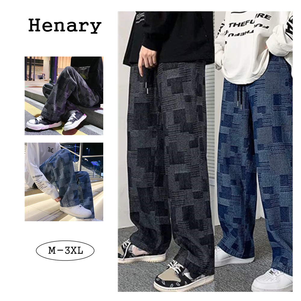 Henary กางเกงยีนส์ผู้ชาย อเมริกันวินเทจ ลายช่องสี่เหลี่ยม ขากว้าง/ขาตรง สบายคลาย สีดำ/สีฟ้า M-3XL เห