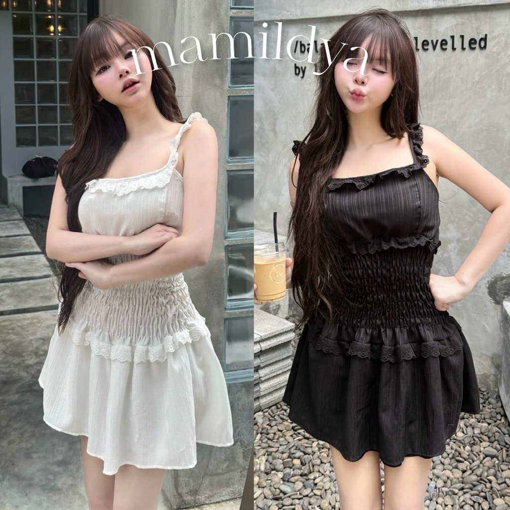 🌟Mamildya.shop🌟 มินิเดรส ฟรีไซด์ ยืดได้เยอะ แต่งลูกไม้ น่ารักมาก/i2-4 /NUSA-เครสU⚫