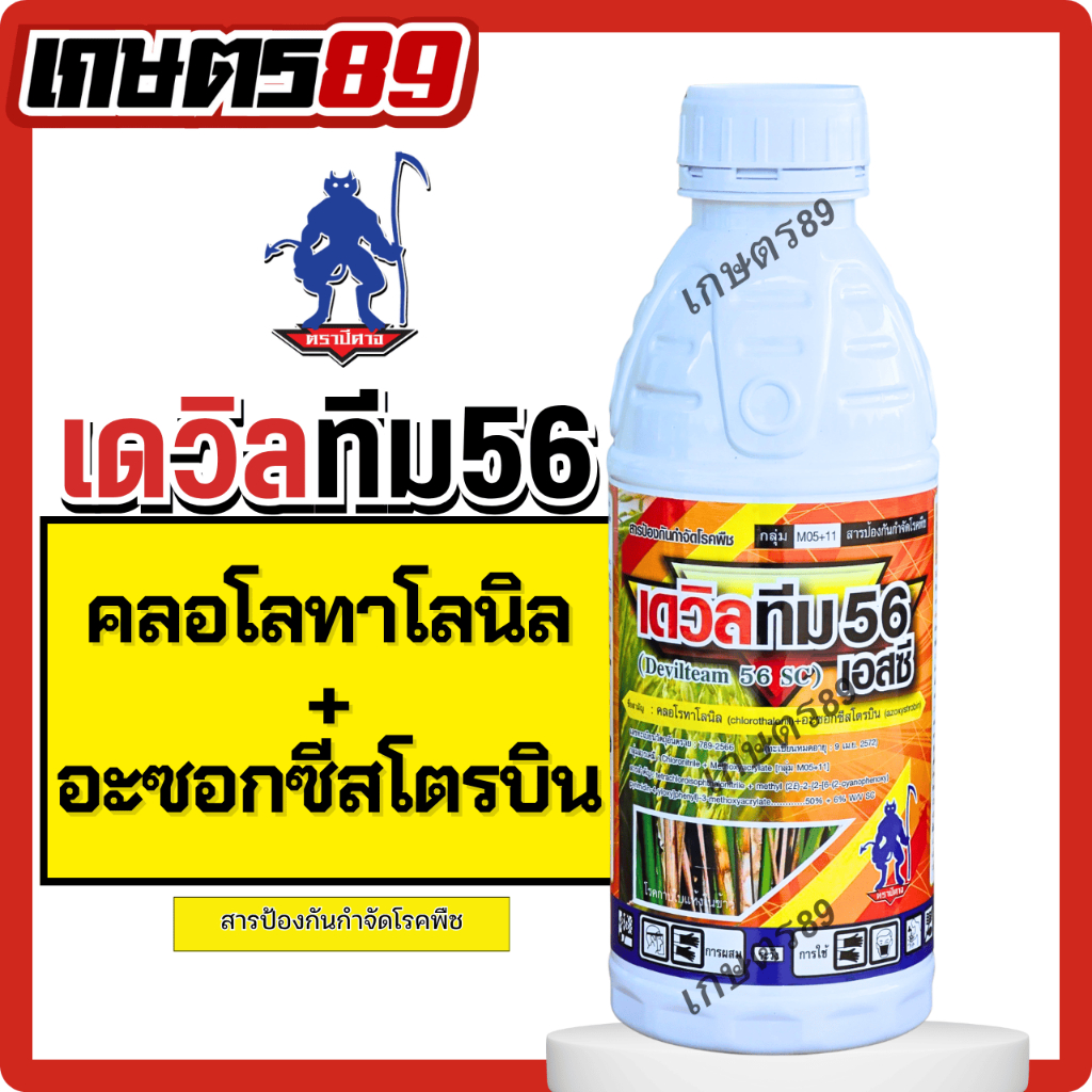 คลอโรทาโลนิล50%+อะซอกซีสโตรบิน6%(สูตรเย็น) เดวิลทีม ตราปีศาจ ป้องกันกำจัดเชื้อรา ดอกเน่าผลเน่า ใบจุด ราสนิม ขนาด 1ลิตร