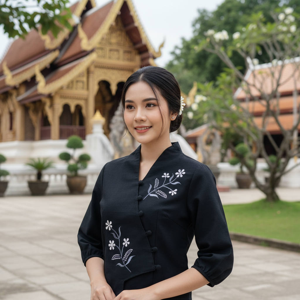 เสื้อคอวีป้ายทรงสวยเข้ารูป แขนสามส่วน ปักดอกกล้วยไม้ น่ารักไม่ซ้ำใคร สวมใส่สบายกับกระโปรง กางเกง ผ้าถุง ดูดีได้ทุกมุมมอง