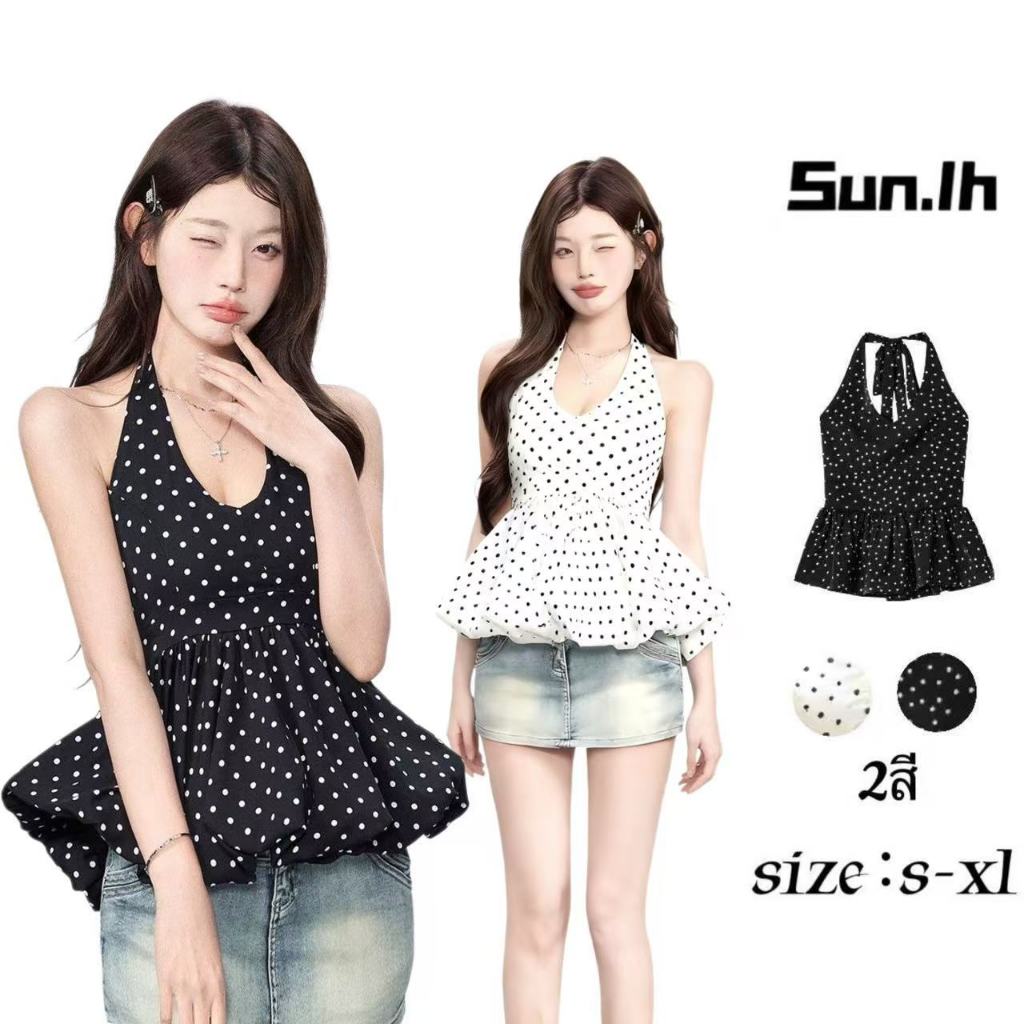 SUN🛍️พร้อมส่ง🛍️เสื้อกล้ามคอวีลายจุดสำหรับผู้หญิงในฤดูร้อนนี้ รับรองว่าอบอุ่นแน่นอน โดดเด่นด้วยเอวเข้ารูปและกระโปรงลายดอก
