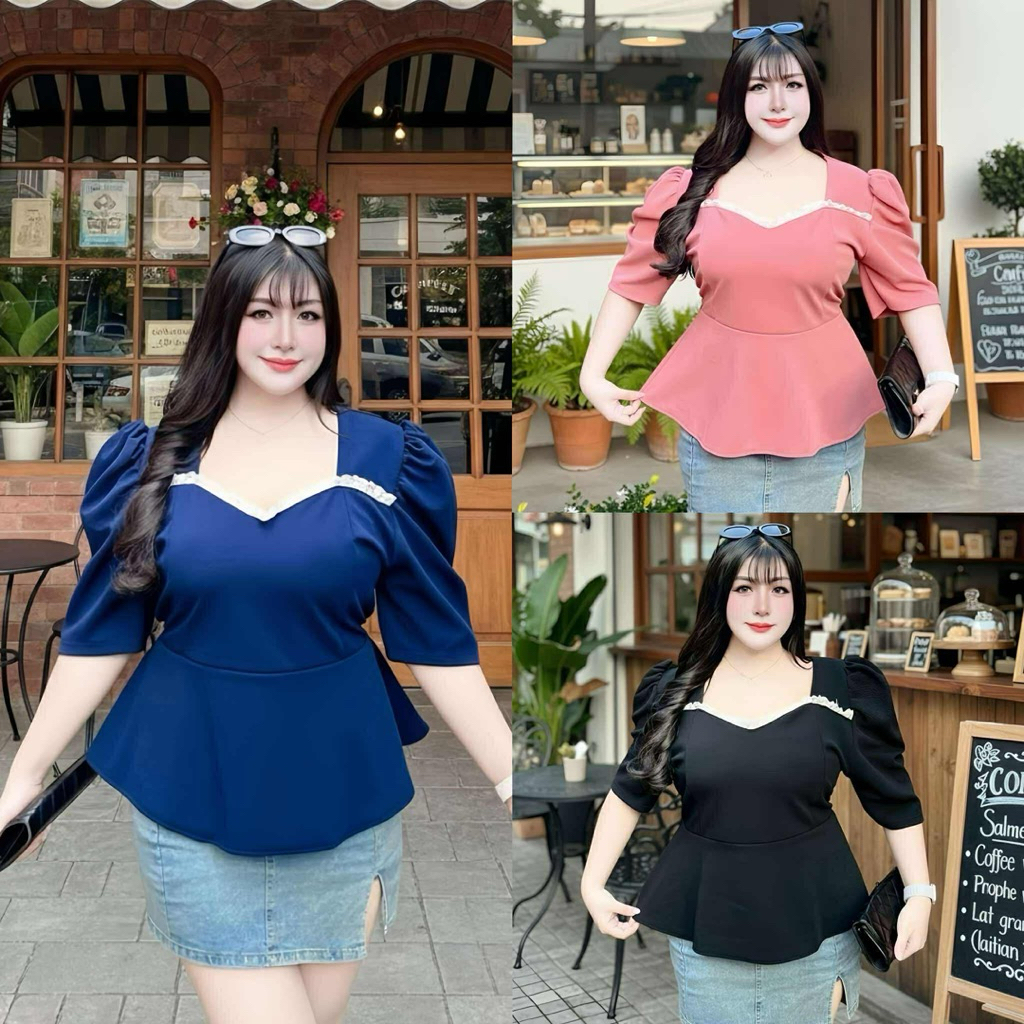 เสื้อไหล่ยก แต่งลูกไม้หวานๆ ปิดพุงพรางหุ่นทรงสวย อกก่อนยืด46ยืดสุด54สำหรับสาวอวบอ้วนใส่สบายใส่สวย