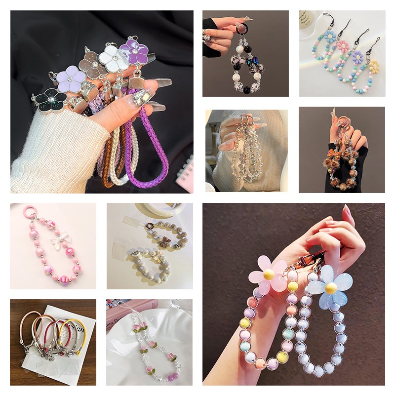 สายคล้องโทรศัพท์มือถือ ห่วงโซ่โทรศัพท์มือถือ ลายดอกไม้ลูกปัดโบว์ ญี่ปุ่นและเกาหลี ห้อยโซ่หูฟังกระเป๋ากุญแจ