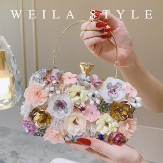 กระเป๋าคลัทช์ประดับดอกไม้ 3D ลูกปัดและเลื่อม กระเป๋าถือทรงกล…