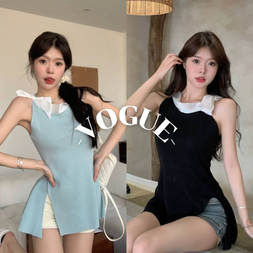 Vogue🌟พร้อมส่ง🌟 ชุดมินิเดรสไหมพรม ดีเทลแต่งโบว์ เรียบหรู ยืดกำลังดี (X72)