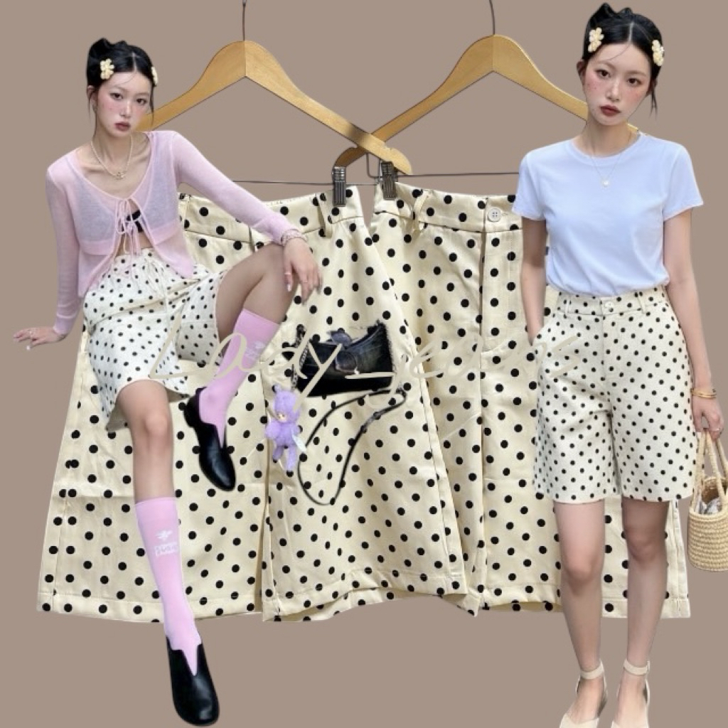 Lady_jeans(Mo) กางเกงสามส่วนชิคๆ ผ้าคอตต้อนอัดกาวลายจุดสีครีม งานฟรีไซร้ เอวยางยืดหลัง มีกระเป๋า