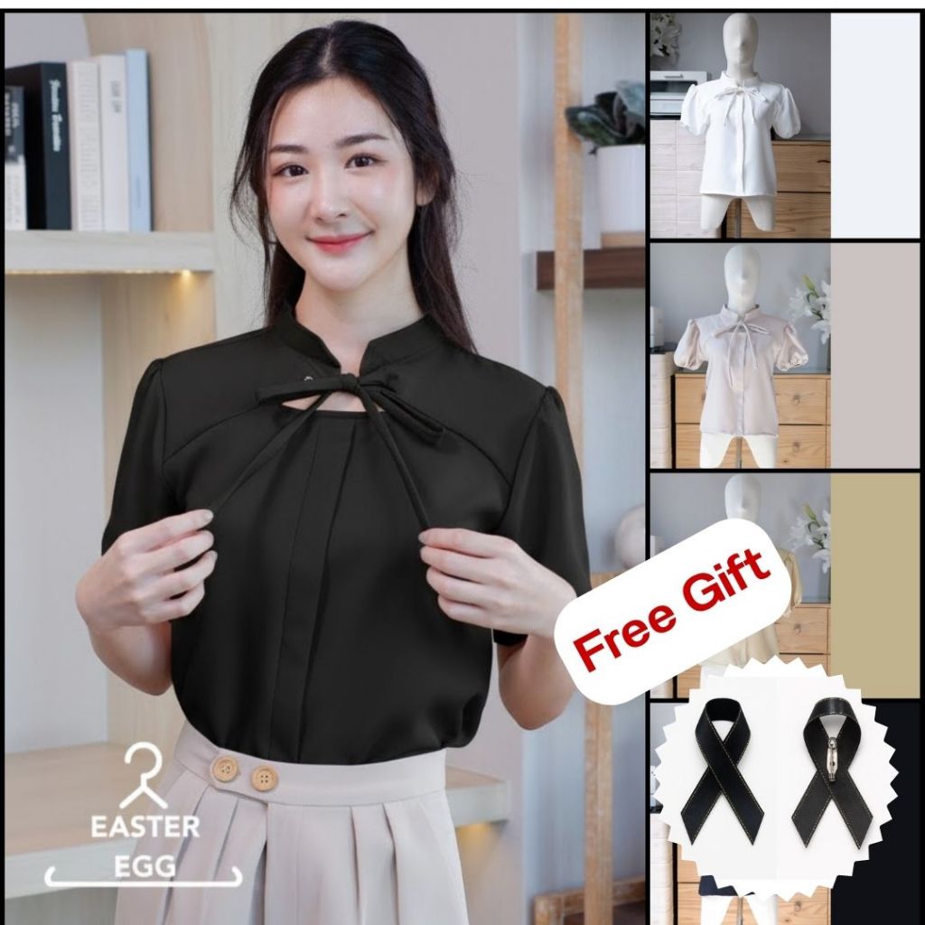 B03 เสื้อแขนสั้น คอจีน แต่งโบว์ผูกด้านหน้า แขนตุ๊กตา Easter Egg