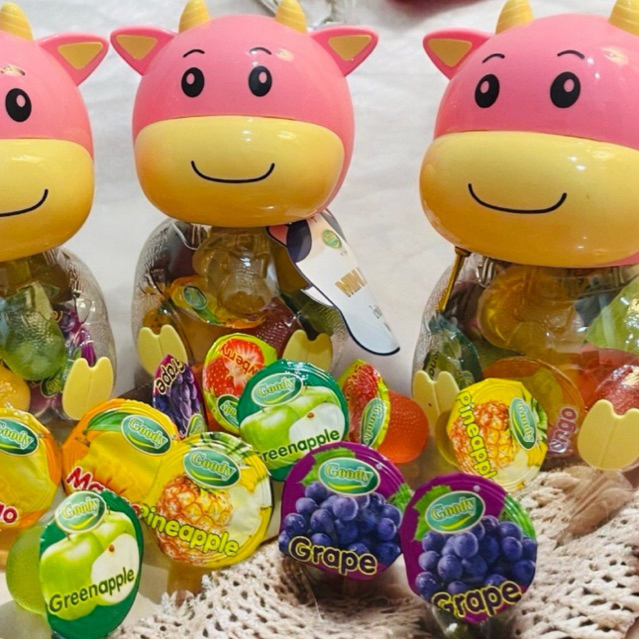 เยลลี่วุ้นมะพร้าวกระปุกออมสินรูปวัว เยลลี่ถ้วย พุดดิ้งถ้วย รสผลไม้ แพ็คเกจน่ารักๆ (บรรจุ 10 ชิ้น/กระปุก)