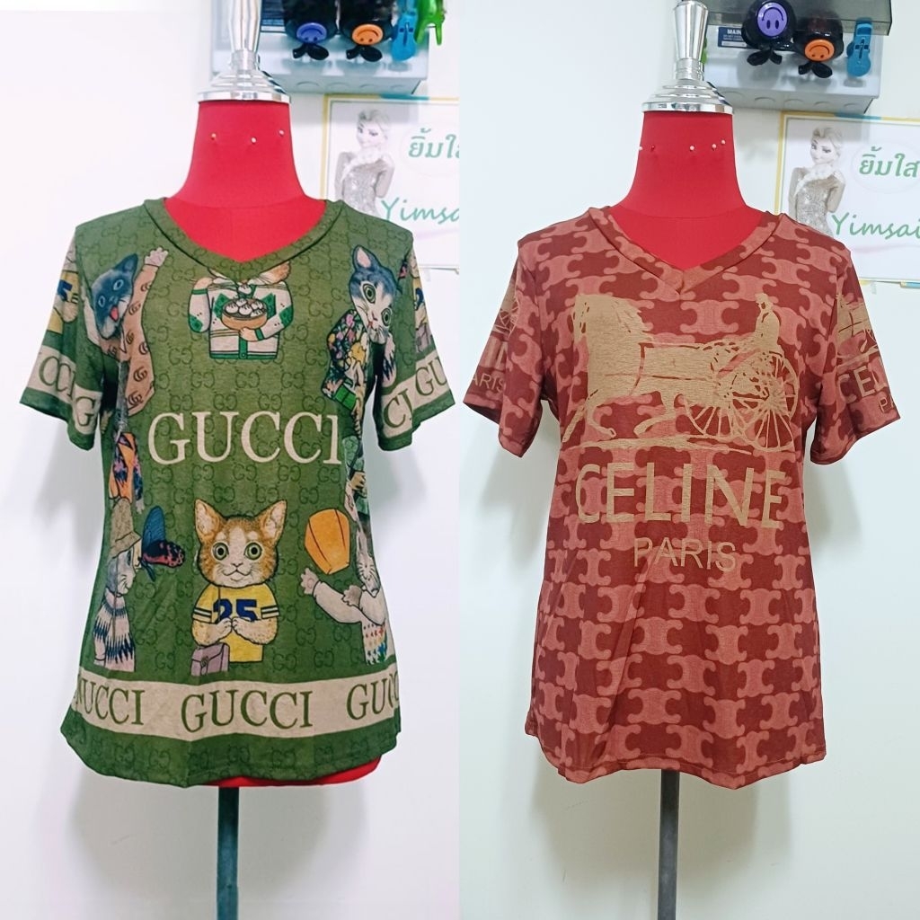 ป้าย NaNa เสื้อยืดผ้าสลาฟ คอวี แขนสั้น