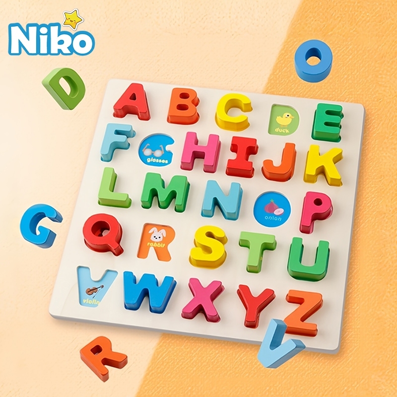 NIKO ของเล่นไม้ กระดานต่อ ABC เรียนรู้ตัวเลข สี รูปทรง ของเล่นเสริมพัฒนาการ เด็กเล็ก อายุ 3 4 5 6 ขวบ ของเล่นการศึกษา