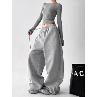 [Sporty Solid Color Two-Piece Set]เสื้อยืดแขนยาวผู้หญิงสไตล์เรียบง่ายและกางเกงขากว้างลำลอง ชุดสองชิ้นสีพื้น