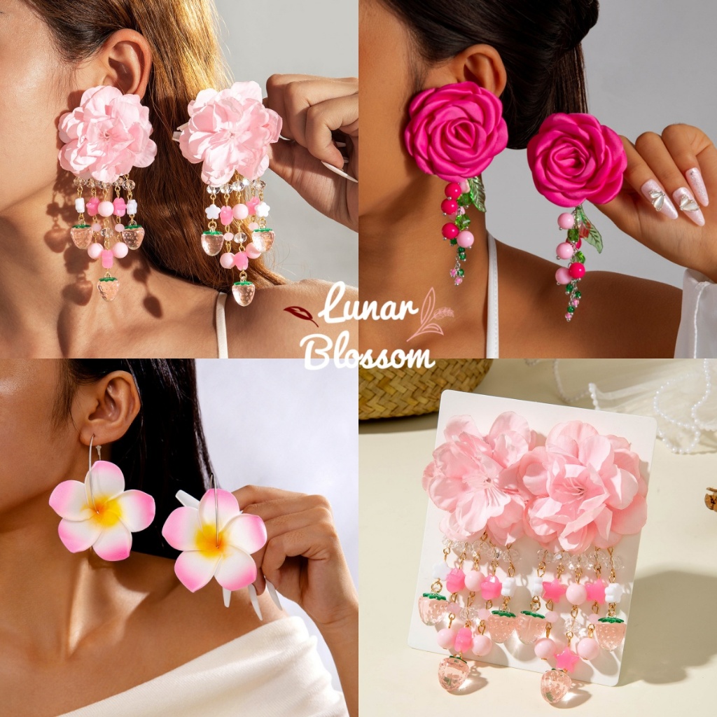 Lunar Blossom❤️ต่างหูไข่มุกรูปดอกไม้สีชมพู  ต่างหูสุดหรู แรงบันดาลใจจากป่า สไตล์วันหยุด  โดดเด่นอย่างมีเอกลักษณ์