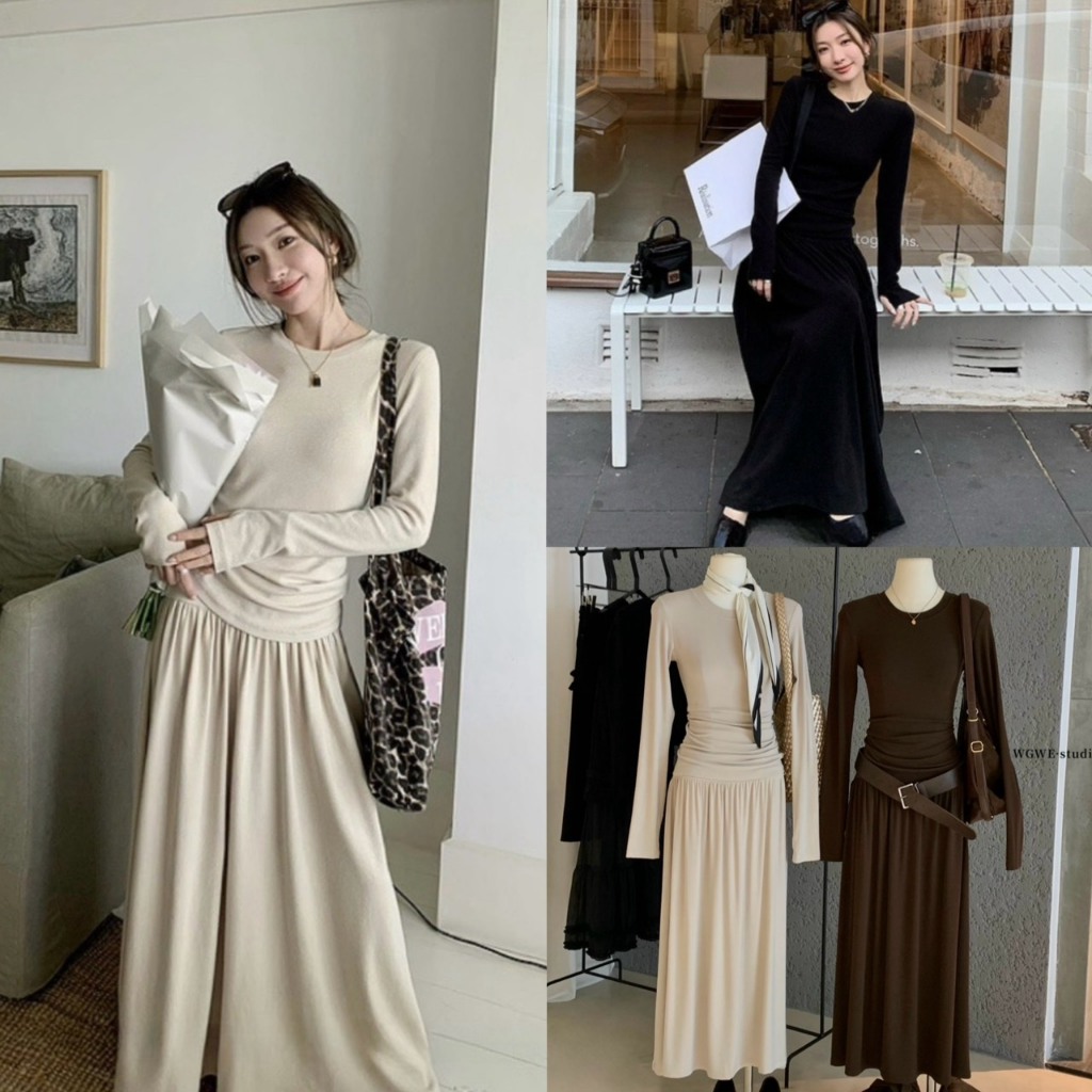 (พร้อมส่ง) เซ็ท2ชิ้น เสื้อคอกลมแขนยาว+กระโปรงยาวรุ่น 7875 TAG WG.WE 🇰🇷