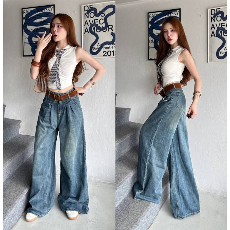 Jniss Studio N736 กางเกงยีนส์เอวสูง วินเทจ จับจีบเก็บเอว