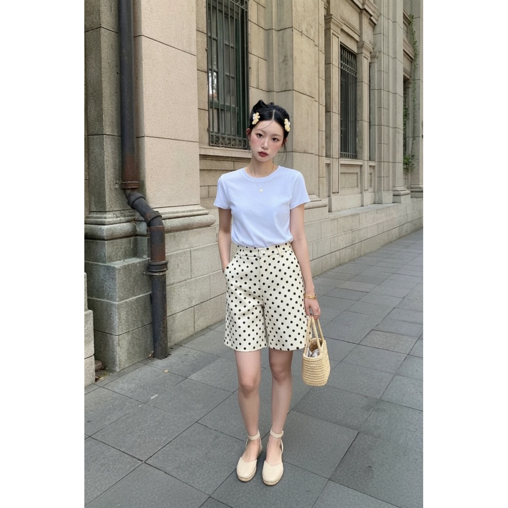 กางเกงสามส่วนชิคๆผ้าคอตต้อนอัดกาวลายจุดสีครีมงานฟรีไซร้ เอวยางยืดหลังมีกระเป๋า - รูปที่ 2