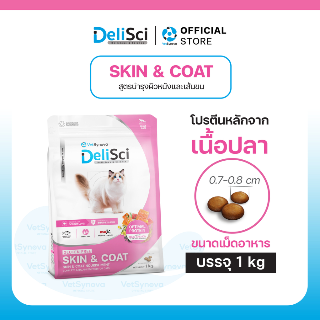 DeliSci Skin & Coat Cat Dry อาหารเม็ดสูตรบำรุงผิวหนังและเส้นขน ตัวช่วยผิวหนังแข็งแรง ลดขนร่วง ขนสวยเงางาม 1kg