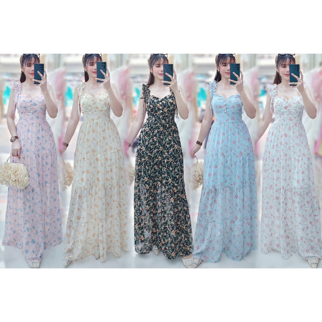 #649# Maxy dress เดรสยาว สายเดี่ยวรูดสายปรับสายได้ ผ้า Chiffon Premium