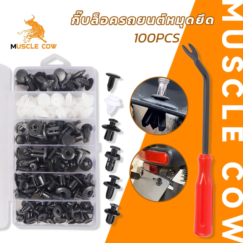 MUSCLE COW ชุดคลิปล็อครถยนต์ 100 ชิ้น พร้อมอุปกรณ์ถอด สำหรับยึดกันชน ประตู แผงข้าง ใช้กับรถยนต์ทุกรุ่น ซ่อมแซมง่ายครบชุด