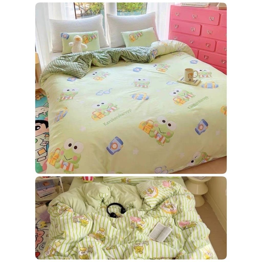 #ส่งไว #กบเคโระ ลายเข้าใหม่ #ผ้าปูที่นอนพร้อมผ้านวมครบชุดหกชิ้น มีขนาด 3.5 /5 /6 ฟุต