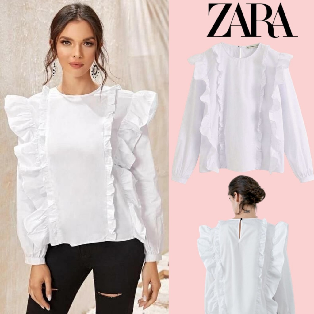 SP345 เสื้อเชิ้ตสีขาวแขนยาวระบายคู่