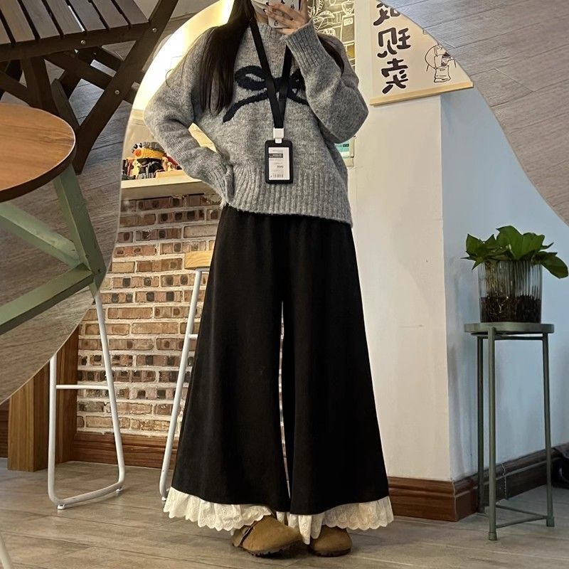 สินค้ายุโรปฤดูร้อนสวมใส่กางเกงขากว้างเย็บลูกไม้สีดำกระโปรงขนาดใหญ่กางเกงหลวมสบาย ๆ ขนาดใหญ่