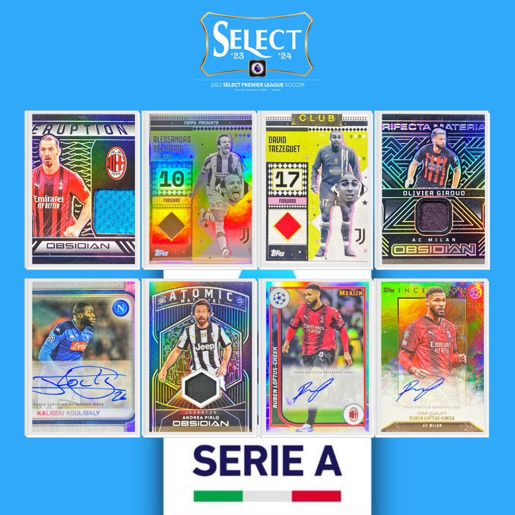 การ์ดฟุตบอล ชิ้นส่วนผ้าและลายเซ็นนักเตะ Seria A