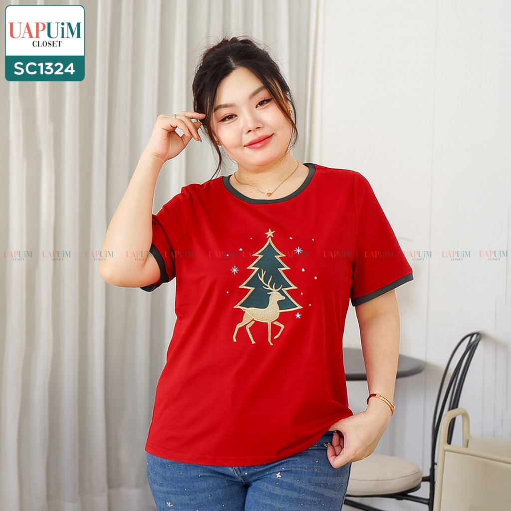 (SC1324)เสื้อแขนสั้นสาวอวบเสื้อยืดแขนสั้น Christmas ดีเทลลายปักต้นคริสต์มาส กวางเรนเดียร์ และ snowflake