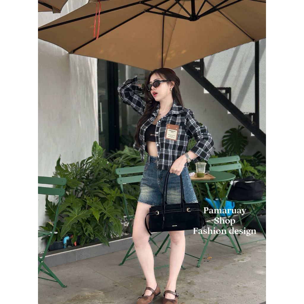 TJ221เสื้อครอปคอปกแต่งกระเป๋าหนังผ้าสก็อตทอบรัชขนเนื้อนุ่ม เนื้อผ้าใส่สบาย ใส่ได้ทุกโอกาส