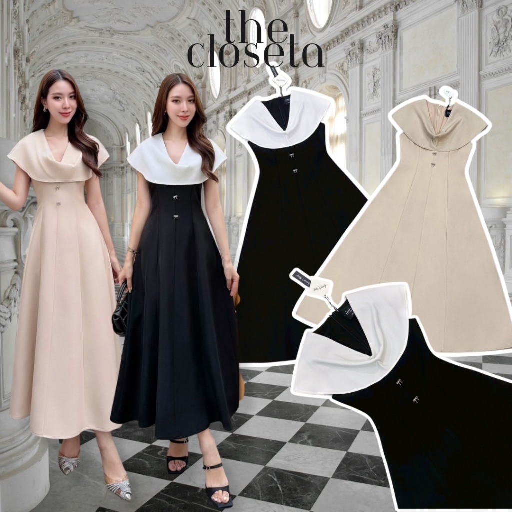 THE CLOSETA : LV309 เดรสคอถ่วงแต่งโบว์ ทรงกระโปรงบาน สวยเรียบหรูผู้ดี – โปรปัง