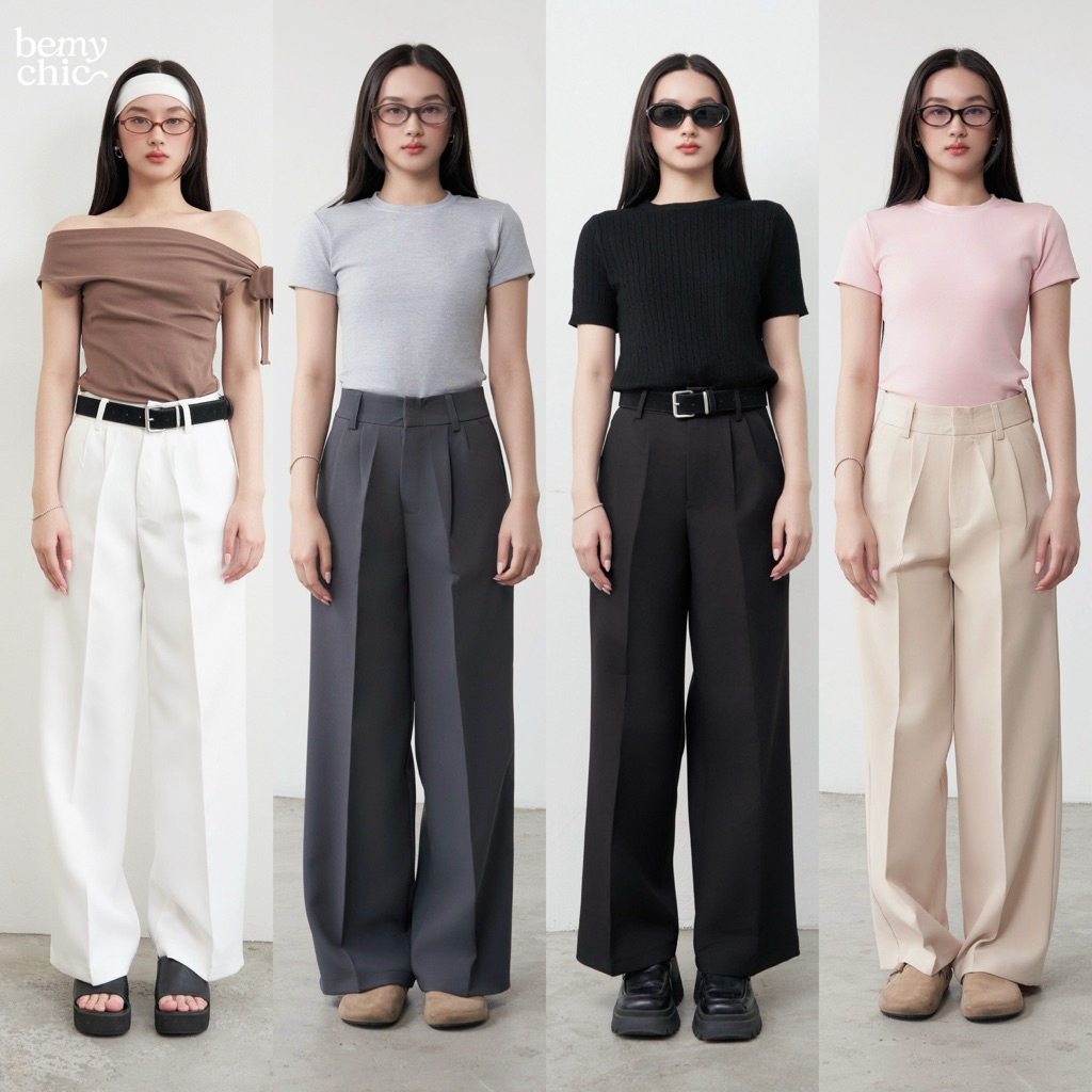 กางเกงขายาวผู้หญิง ทรงกระบอกใหญ่ เอวสูง ผ้าหนา อยู่ทรง ใส่ทำงาน เที่ยว รุ่น Basic Pants BEMYCHIC